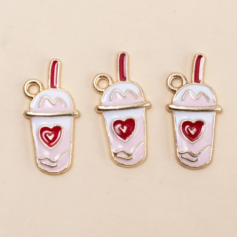 Milk Tea Cup Enamel Charms Pink Heart Alloy Pendants For DIY Jewelry Making Bracelet Necklace Earrings Gold Plated