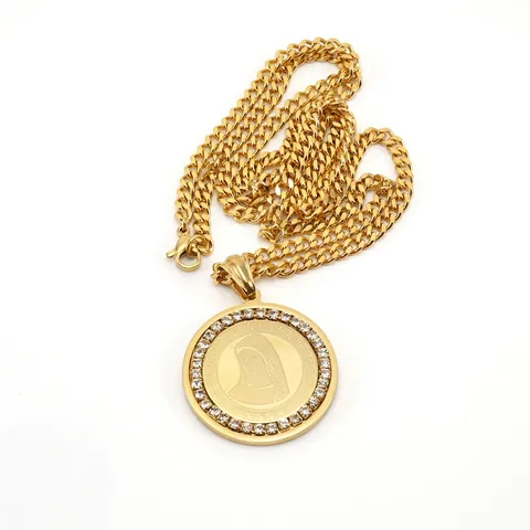 Religious Virgin Mary Medallion Pendant Necklace 18K Gold Plated Stainless Steel Rhinestone Greek Key Hip Hop Jewelry