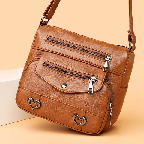 Borsa A Tracolla Da Donna In Pelle PU Con Tasche Multiple Decorazione A Cuore Tracolla Regolabile Texture Litchi Quotidiana
