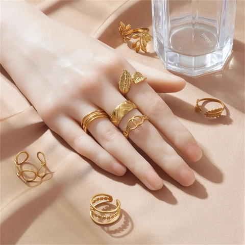 Anillos De Acero Inoxidable Minimalistas Para Mujer Ajustables Abiertos Geométricos Hoja Flor Serpiente Joyería