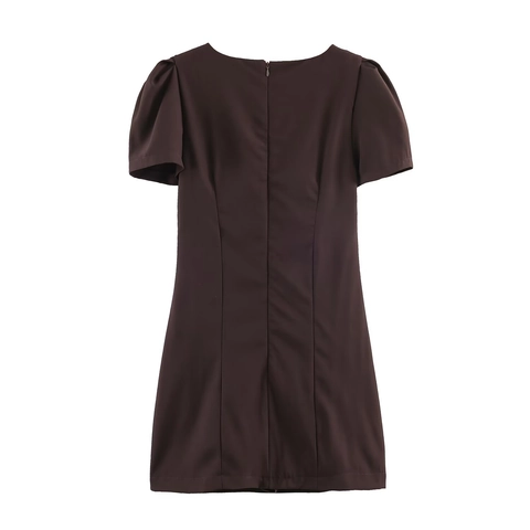 Vestido Mini De Mujer Color Sólido Mangas Abullonadas Elegante Cuello Redondo Plisado Poliéster Elástico