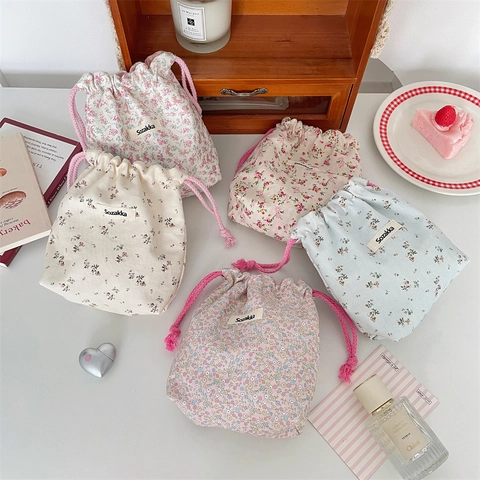 Drawstring Storage Bag Floral Pattern Cloth Portable Makeup Organizer Travel Sundries Pouch Korean Style For Women