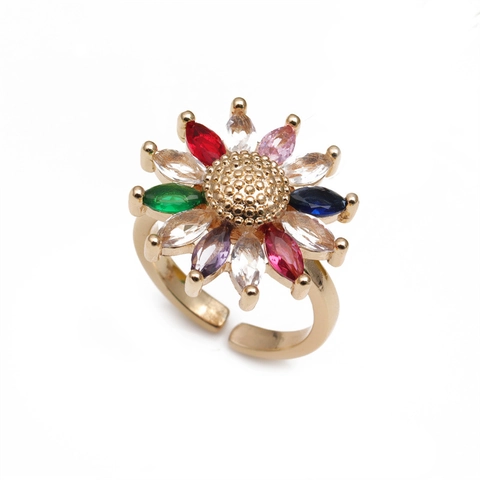 Anello Regolabile In Rame Per Donna Con Zircone Colorato Design Girasole Farfalla Fiore Placcato Oro