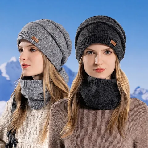 Gorro De Punto De Invierno Y Calentador De Cuello Forro Polar Cálido Grueso Deportes Al Aire Libre Cortavientos Color Sólido