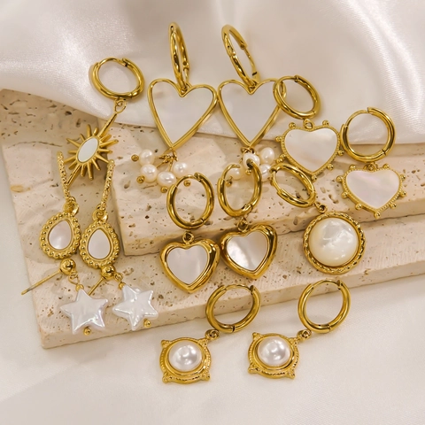 Boucles D'oreilles Acier Inoxydable Plaqué Or 14K Nacre Cœur Étoile Géométrique Bijoux Élégants Pour Femmes