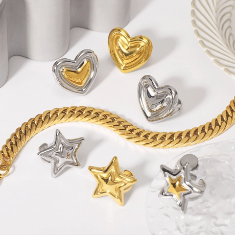 Anelli Cuore Stella Spessi In Acciaio Inossidabile Impermeabili Ipoallergenici Regolabili Gioielli Per Donna
