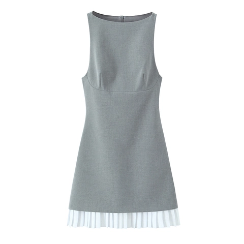 Abito Senza Maniche Poliestere Tessuto Orlo Pieghettato Patchwork Linea A Elegante Minimalista Tinta Unita Cerniera Donna