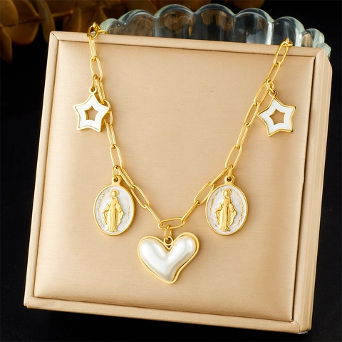 Collar De Acero Inoxidable Chapado En Oro Estilo Vintage Francés Con Colgantes De Corazón Estrella Y Medallón Virgen María