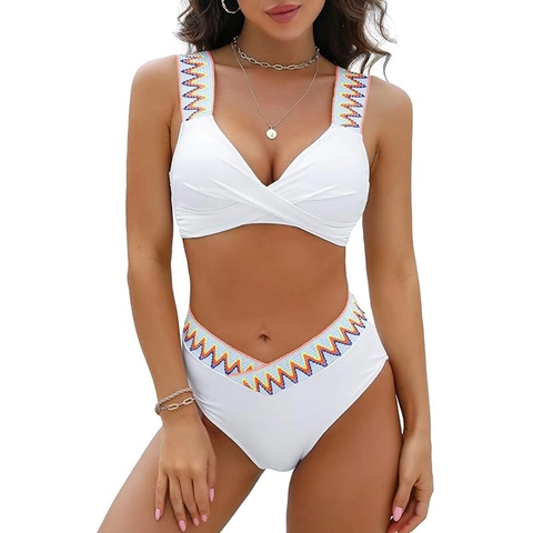 Bikini Top And High Waist Bottoms Polyester Spandex Colorful Zigzag Embroidery Ethnic Style V-Neck Beachwear Women