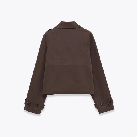 Dames Korte Trenchcoat Jas Double Breasted Revers Epauletten Retro Workwear Effen Bruin Casual