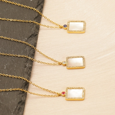 Natural Shell Rectangle Pendant Necklace 18K Gold Plated Stainless Steel With Color Zircon Birthstone Jewelry For Women Elegant