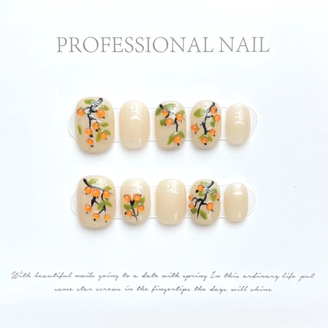 Handmade 3D Persimmon Press On Nails Hand Painted Chinese Style Glossy Nude Fake Nails Removable Manicure Tips Women