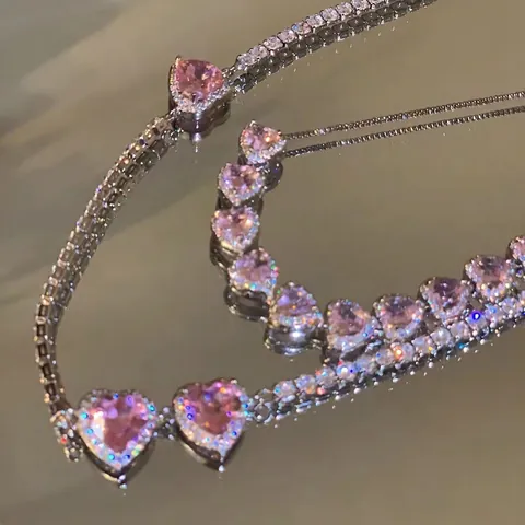 Rosa Herz Anhänger Halskette Legierung Zirkonia Eingelegt Süße Schlüsselbeinkette Choker Für Frauen