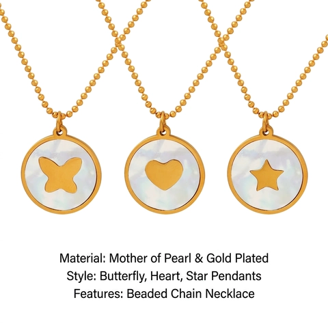 Collana con Ciondolo in Acciaio al Titanio e Madreperla Bianca Catena a Sfere Placcata Oro Design a Farfalla Cuore Stella