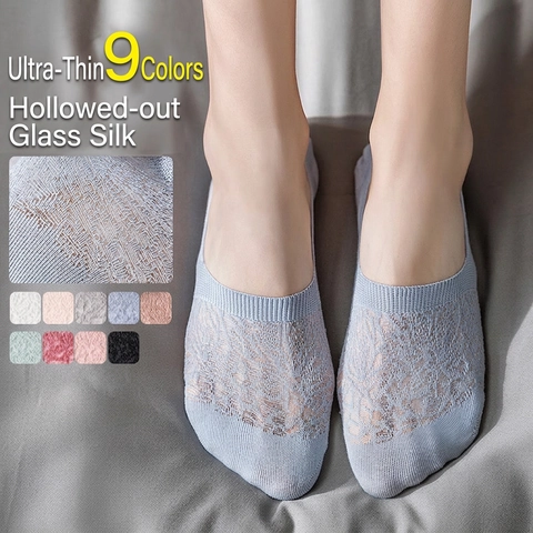 Calzini Invisibili Donna Pizzo Rete Traspirante Misto Cotone Antiscivolo Silicone Taglio Basso Sottile Estate