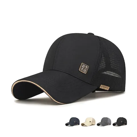 Mesh Baseball Cap Breathable Polyester Sun Protection Outdoor Trucker Hat With Metal Decoration Adjustable Strap