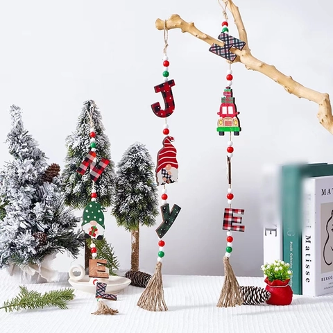 Ghirlanda Perline Legno Natale Ornamento Appeso Nappa Gnomo Camion Lettere Decorazione Albero Feste Rustico Fattoria Parete