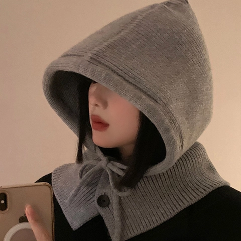 Cagoule Bonnet Tricoté Laine Protection Cou Chaude Hiver Extérieur Décontracté Minimaliste Femmes Bouton Cordon Décor