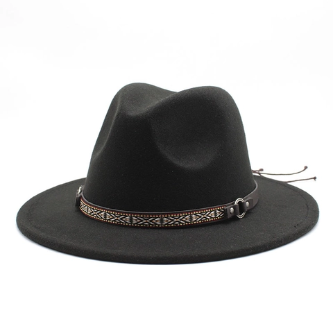 Retro Wide Brim Fedora Hat Cotton Polyester Blend Wool Felt Texture Jazz Cap With Ethnic Woven Band Metal Ring Decor