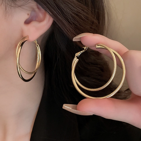 Orecchini A Doppio Cerchio Geometrici Donna Stile Minimalista In Rame Con Perno In Argento 925 Sterling