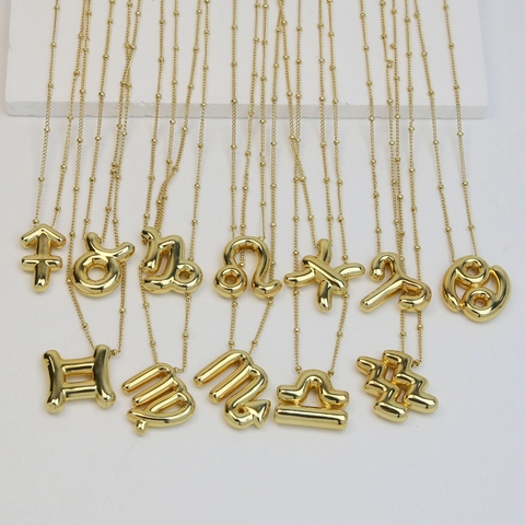 Zodiac Constellation Necklace Brass 3D Puffy Balloon Symbols Aries Virgo Leo Pendant Fashion Jewelry Gift For Women