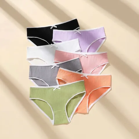 Women Low Waist Panties Ribbed Polyester Elastane Breathable Briefs Contrast Binding Bow Decor Solid Color