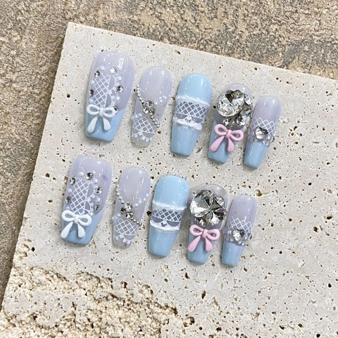 Handmade Press On Nails Light Blue Pink Bow Rhinestone Artificial Pearl Lace Design Long Coffin Shape Sweet Elegant False Nails