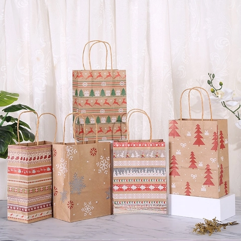Sacs Cadeaux De Noël Papier Kraft Sacs À Friandises Portables Renne Flocon De Neige Motif Fête De Vacances