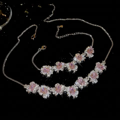 Collana E Bracciale In Rame Placcato Argento Con Zircone Rosa Quadrato Grappolo Di Fiori Per Donna Gioielli Moda Lusso