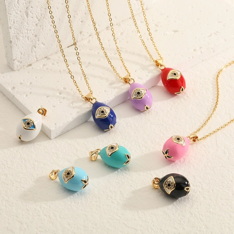 Evil Eye Pendant Necklace Copper Micro Pave Zircon Teardrop Enamel Clavicle Chain For Women Bohemian Vintage Style