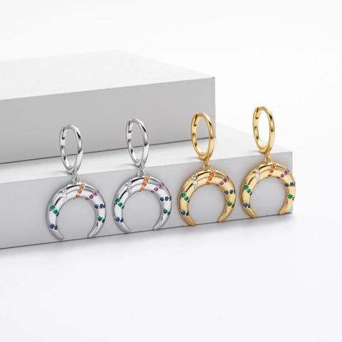 Pendientes de Aro con Colgante de Luna Creciente en Plata de Ley 925 y Circonia Arcoíris Joyería de Moda para Mujer