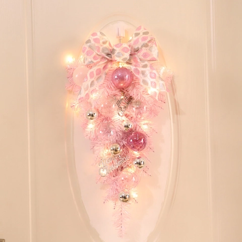 Rosa Weihnachten Teardrop Swag Künstliche Kiefer PVC Dekoration Mit Schleife Transparente Ornamente LED Lichter Für Haustür