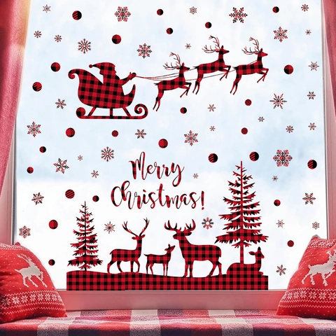 Christmas Window Stickers Buffalo Plaid Red Black Check PVC Static Cling Reindeer Santa Sleigh Snowflake Holiday Wall Decals