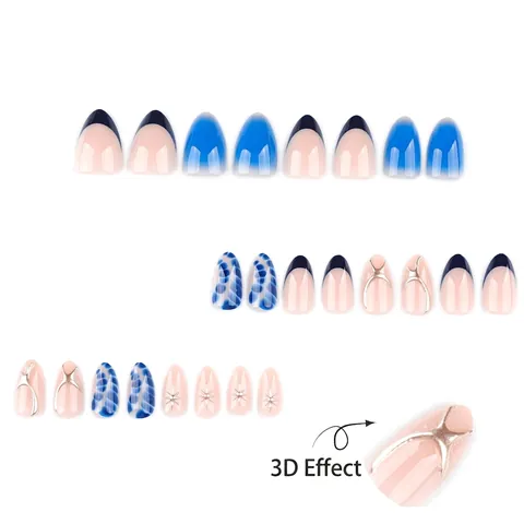 Blaue Künstliche Nägel Mit Farbverlauf French Smudge Mandelform Künstliche Nägel Mit 3D Metallstern Künstlerisch Elegant Damen
