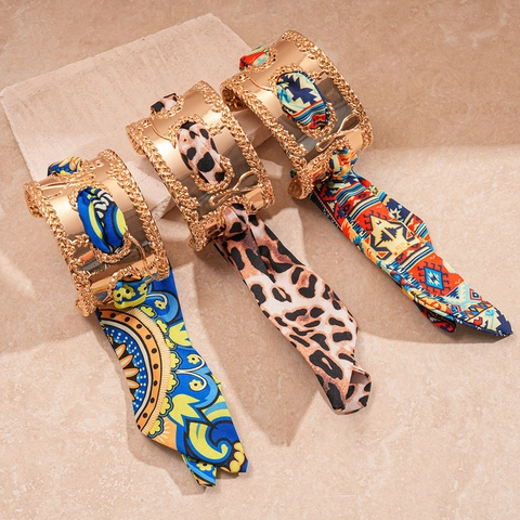 Bracciale Rigido Largo In Lega Boho Avvolto In Sciarpa Stampa Leopardata Floreale Aperto Gioielli Etnici Retro Per Donna