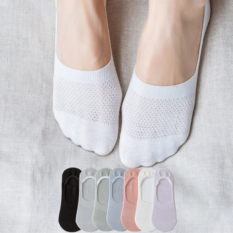 Womens Cotton Mesh No Show Socks Breathable Low Cut Invisible Boat Socks With Nonslip Silicone Heel