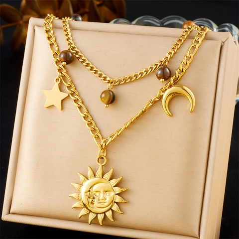 Stainless Steel Double Layer Necklace Gold Plated Sun Moon Star Pendants Tiger Eye Stone Vintage Jewelry For Women