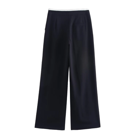Pantalones De Pierna Ancha Para Mujer Cintura Doble Cordón Elástico Cintura Alta Poliéster Holgados Casuales