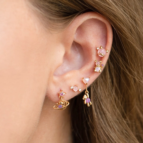 Orecchini Orso Rosa Stella Cuore Gatto In Ottone Placcato Oro 18K Zirconia E Perno In Argento Sterling 925
