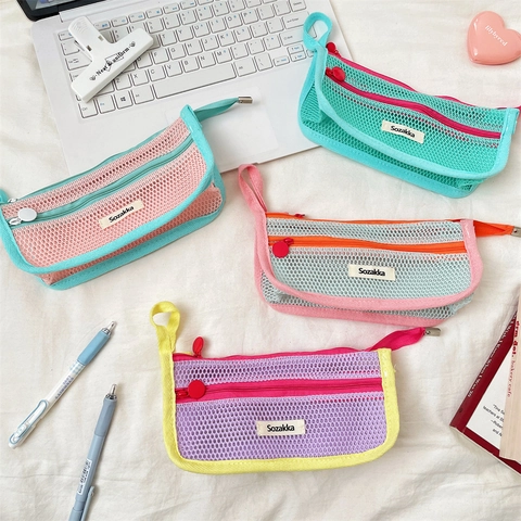 Astuccio In Rete Grande Capacità Poliestere Borsa Con Cerniera Portatile Colori Dopamina Borsa Per Cancelleria Scolastica