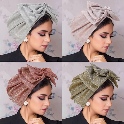 Turbante Con Purpurina Para Mujer Lazo Grande Brillante Metálico Gorro Plisado Moda Accesorios Cabello Elegante Fiesta