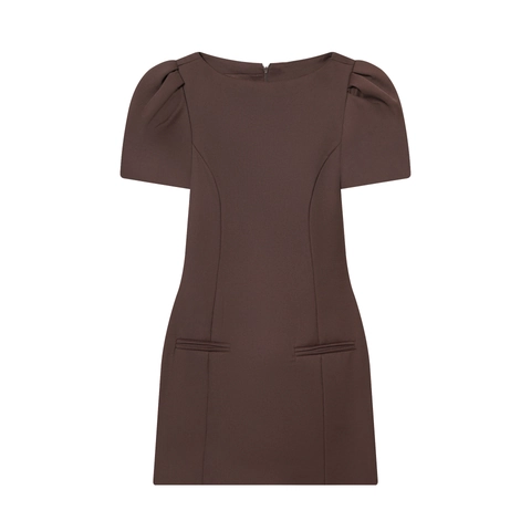 Women Coffee Brown Puff Short Sleeve Mini Dress Round Neck High Waist Pocket Detail Elegant Solid Color Twill