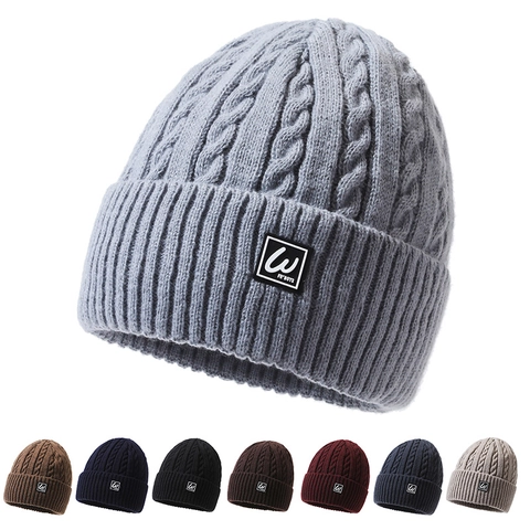 Bonnet D'Hiver Pour Hommes Et Femmes Torsadé Doublé Polaire Chaud Épais Calotte Extérieur Coupe-Vent Polyester