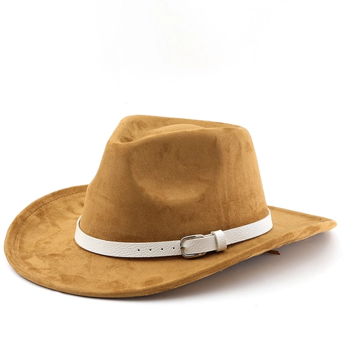 Cappello Da Cowboy Occidentale Fedora In Scamosciato A Tesa Larga Con Cintura In Pelle Bianca Fibbia Jazz Stile Retrò Unisex