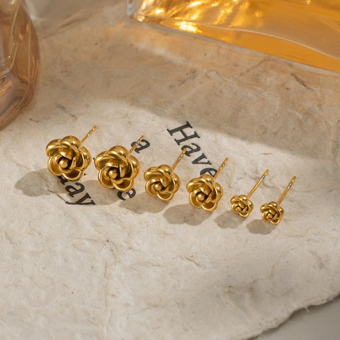 Rose Flower Stud Earrings Gold Plated 304 Stainless Steel Hypoallergenic Waterproof Fashion Elegant Women