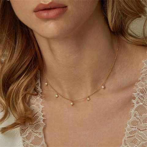 Collier Minimaliste en Acier Inoxydable Avec Perles Artificielles Gland pour Femmes Élégant Choker Or Argent Bijoux