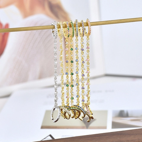 Orecchini A Cerchio Con Catena Collegata Ear Cuff Rame Zirconia E Perno In Argento Gioielli Di Moda Donna