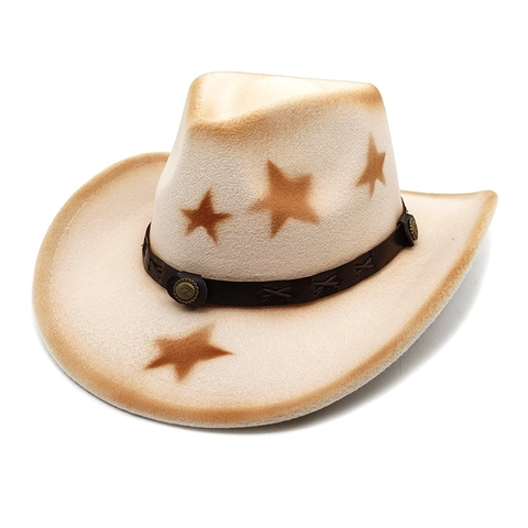 Retro Western Cowboy Hat Star Print Cotton Polyester Wide Brim Vintage Ethnic Style With Leather Belt Rivets For Men Women