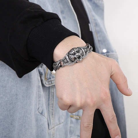 Vintage Tiger Head Stainless Steel Cuban Chain Bracelet Men Punk Gothic Hip Hop Biker Jewelry