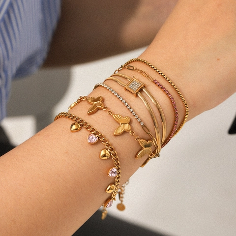 Stainless Steel Bracelet For Women Gold Plated Zircon Butterfly Heart Pendant Snake Bone Paperclip Chain Fashion Jewelry